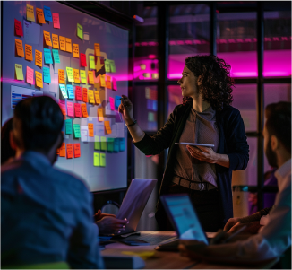 Person presenting to team members in front of a wall covered with colorful sticky notes